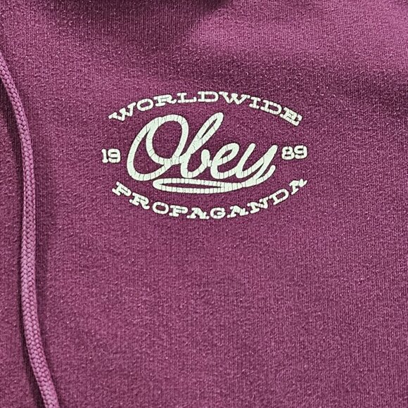 Obey Hoodie Mens L Burgundy Worldwide Propganda LS Fleece Skate Streetwear Punk - Picture 10 of 16